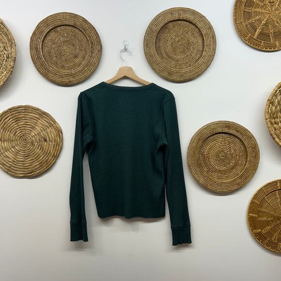 Aerie Green Ribbed Long Sleeve Top XL V-Neck Stretch Minimalist Casual - Picture 2 of 6